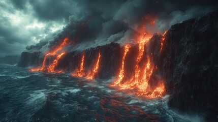 Fototapeta premium Fiery Lava Falls into Ocean: Dramatic Volcanic Eruption