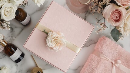 Luxurious subscription box featuring aromatherapy oils, plush bath towels, and champagne, styled with a soft pink glow