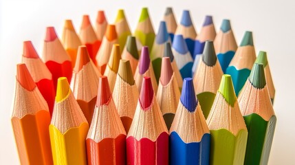 Many colored pencils forming a circle on white background
