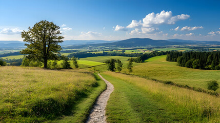 Obraz premium Hilltop trail scenic view, summer landscape, rolling hills background, ideal for travel brochures