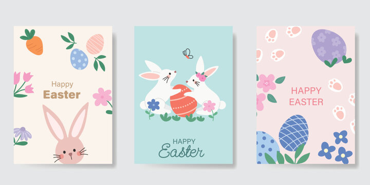Happy Easter card vector set. Hand drawn playful cute decorate with easter eggs, flowers, rabbit. Collection of adorable doodle design for decorative, cover, poster, kids.