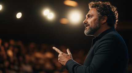 man presentation stage audience conference public speaker pointing discussion professional communication strategy leadership confident business