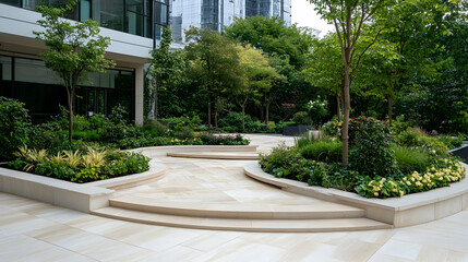 Modern apartment courtyard garden with curved stone pathways and lush greenery; ideal for real estate brochures