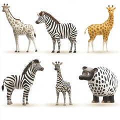 Obraz premium Playful Stylized Giraffe and Zebra Illustrations Collection for Children's Book, Print, or Web Design