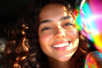 Radiant young woman smiling with rainbow light reflections