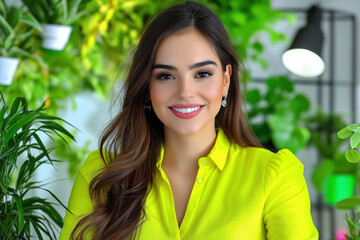 Young Hispanic woman smiling in a vibrant green plant nursery