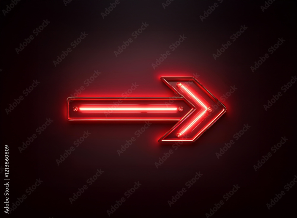Poster a vibrant red neon arrow points right against a dark background. its glowing lines create a dynamic 