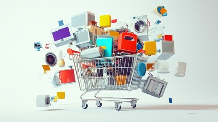 Shopping cart with household goods,Home appliances in the shopping cart,Ecommerce or online shopping ,appliances and electronics,sales and retail concept,Metal shopping cart,copy space.
