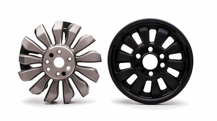 Fototapeta premium Two classic car wheels, silver and black, on white background; ideal for automotive parts catalogs