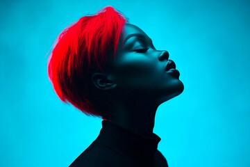 Fototapeta premium Short hairdo - red hair. Pretty calm black girl - for ads, way poster ad and digital use. Commercial ad campaign creative. Artistic black ads. Black woman model. Black girl elegance.