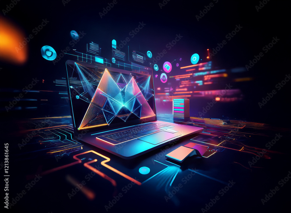 Poster a futuristic laptop displays vibrant, geometric data visualizations, surrounded by glowing digital e