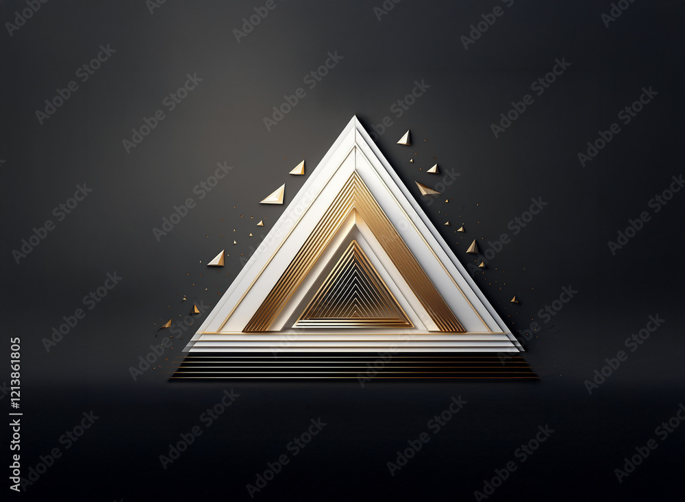 Poster elegant nested gold and white triangles on a dark background. small golden triangles scatter around 