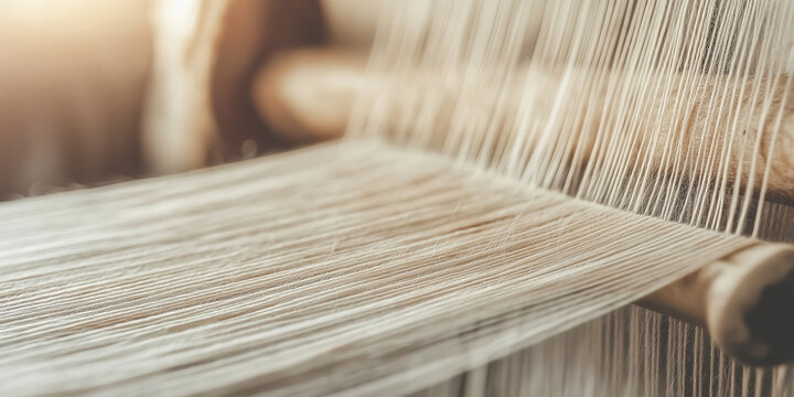 Close up of traditional fabric weaving on a wooden loom during sunrise