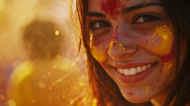 Basanta Utsav, close-up of a young woman's face with a bright smile, decorated with red and yellow powder, blurred background of a crowd playing with colors, Ai generated images