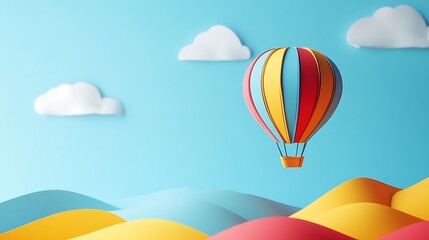 Fototapeta premium A papercraft hot air balloon floating above paper hills with detailed folds in the fabric, with the space for text.