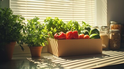 Fresh Vegetables and Herbs Displayed on a Sunlit Kitchen Counter