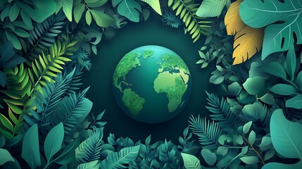 Eco-friendly earth concept with green globe encircled by vibrant foliage and trees