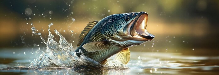 A vibrant banner showcases a stunning fish caught mid-leap from a tranquil body of water. The scene reflects the excitement of fishing in a scenic location, perfect for a fishing shop
