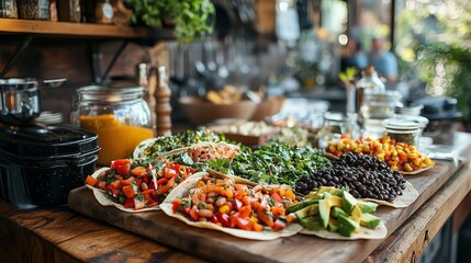 Fototapeta premium Vibrant Vegetable Spread on Rustic Table in Outdoor Café Setting