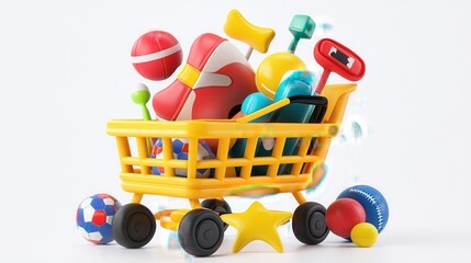 Shopping cart with sport equipment isolated on white background,shopping cart filled with sports equipment,copy space,sport day concept.