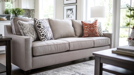 A bright living room with gray-brown accents, a soft sofa, and a glass-paned door opening to a garden view.