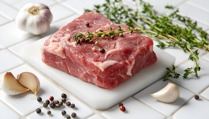 Fototapeta premium Fresh raw ground meat, peppercorns, garlic and thyme on white tiled table, closeup