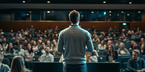 Female speaker giving presentation in lecture hall at university workshop. Audience in conference hall. Rear view of unrecognized participant in audience. Scientific conference event., Generative AI