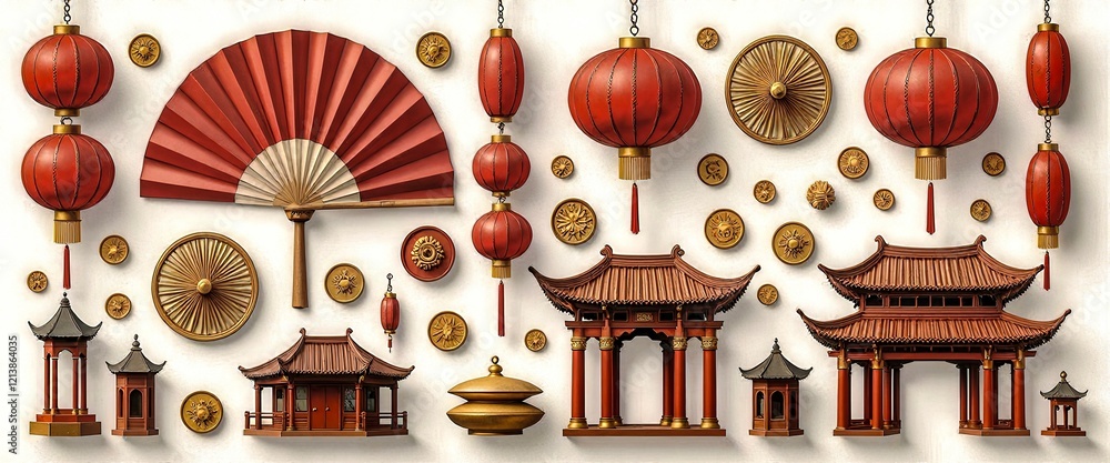 Poster a collection of asian lanterns hang from the ceiling, including a red fan and a red lantern with gol