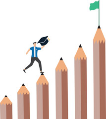 Journey to reach higher education, motivation to study harder, cost to graduate high degree education, the way to achieve high education, man crosses the pole from pencil to educational success