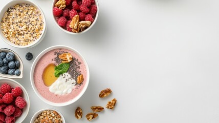 Healthy breakfast with yogurt, fruits, and granola arranged in bowls. Healthy breakfast bowl recipe.