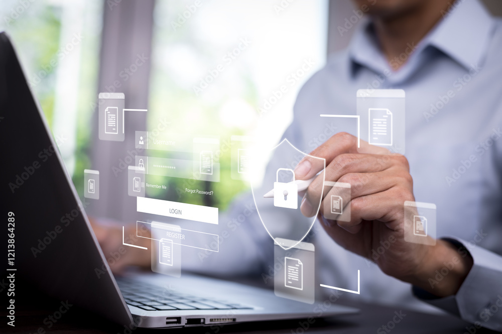 Poster cyber security and security password login online concept hands typing and entering username and pas