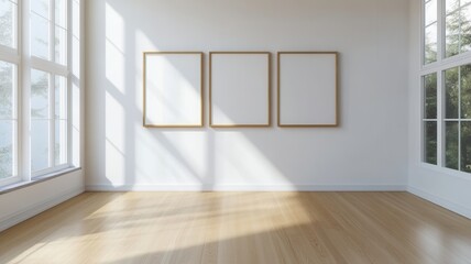 Fototapeta premium Modern 3D Rendering of a Stylish Living Room Interior Featuring a Square Poster Mockup on the Wall