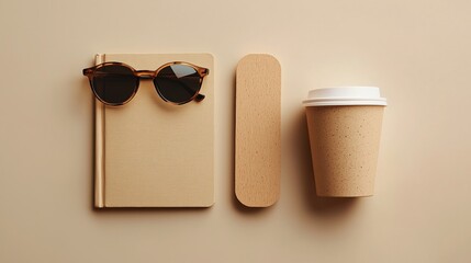 Minimalist Flat Lay with Sunglasses, Notebook, and Coffee Cup