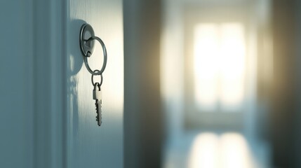 New home with key,Moving house, relocation,Mortgage, investment, real estate, property concept,young business passing the key to the apartment,move in the apartment or condominium.