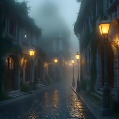 A tranquil street in an old town is shrouded in dense morning fog, with dim streetlights casting a soft, warm glow
