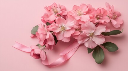 Naklejka premium Pink blossoms, ribbon, pink background, spring, greeting card