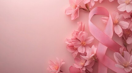 Naklejka premium Pink ribbon, cherry blossoms, pastel background, awareness campaign