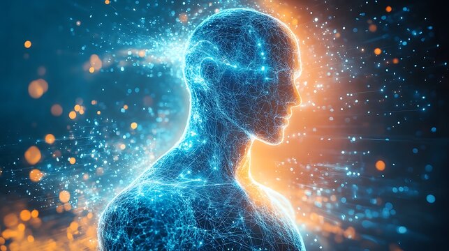 Cybernetic human surrounded by vibrant blue and orange digital energy in a futuristic realm