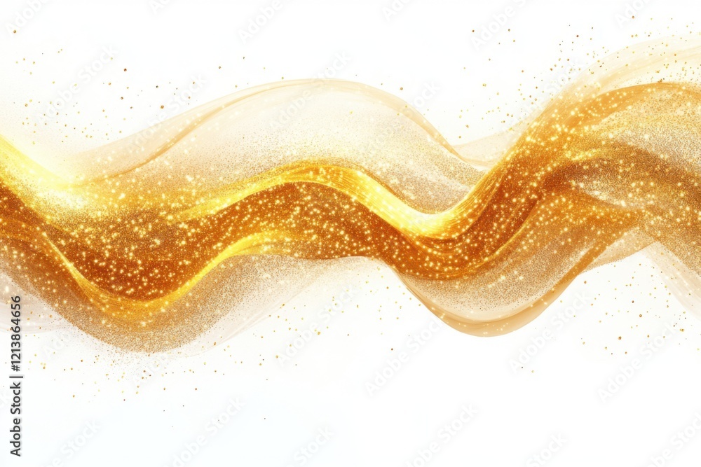 Poster golden waves flowing over a white background with glittering particles. generative ai