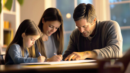Parents helping their child with homework at a study station at home, promoting family involvement and support in education.