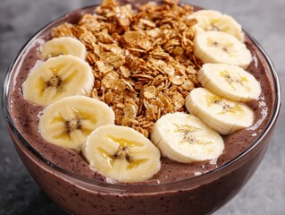 A smoothie bowl topped with granola and banana slices. Healthy breakfast bowl recipe.