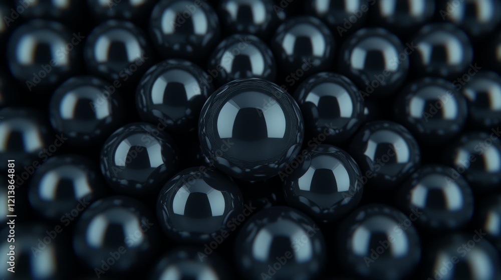 Poster reflective spheres: a captivating macro shot of multiple sleek, dark spheres with high gloss that sh