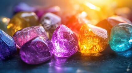 A smooth, colorful gemstones, shining under bright light, showing their polished surface