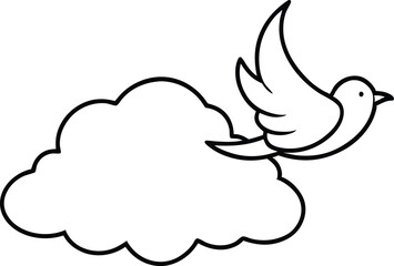 Simple Line Drawing Bird Flying Over Fluffy Cloud