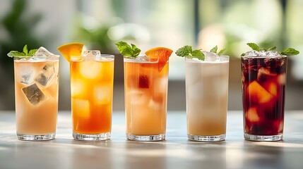 Assortment of Vegan Friendly Colorful Drinks Garnished with Fruit and Mint on Wooden Table