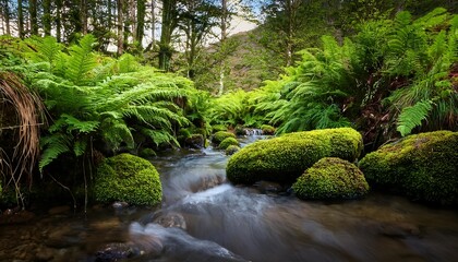 Serene Forest Stream Landscape with Mossy Rocks and Ferns