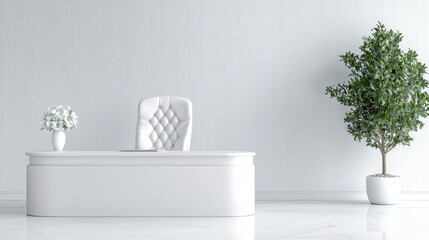 Modern white office interior design; desk, chair, plant