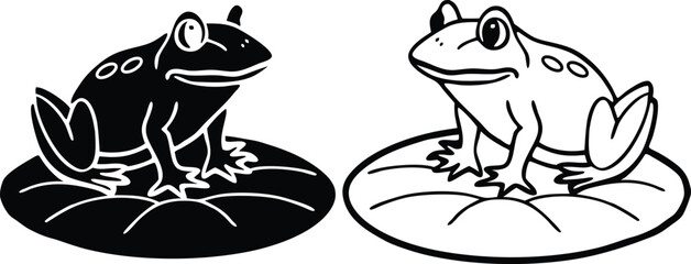 Two Frogs Sitting on Lily Pads, Black and White Illustration