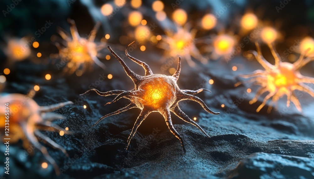 Aufkleber neural network simulation, microscopic view of artificial intelligence, brain cells firing