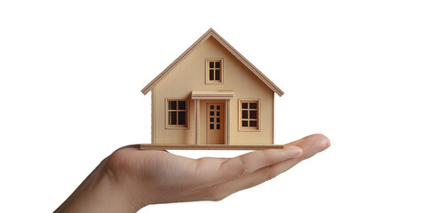 model of a house on his palms hand concept of mortgage lending real estate insurance construction design